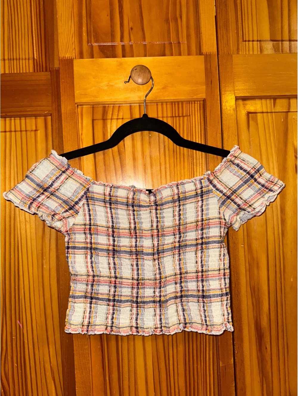 Urban Outfitters plaid off-shoulder crop top